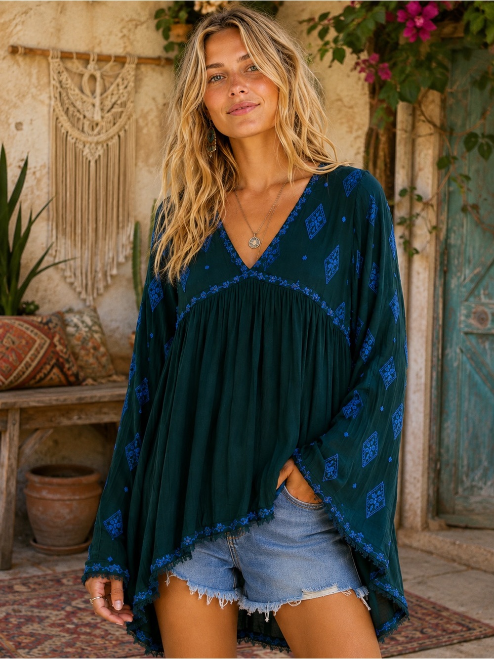 Free People Diamond Embroidered Tunic Top Dark Green Blue Boho Size Small